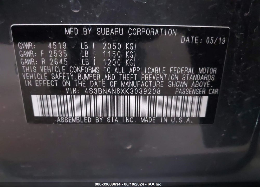 2019 SUBARU LEGACY 2.5I LIMITED VIN: 4S3BNAN6XK3039208