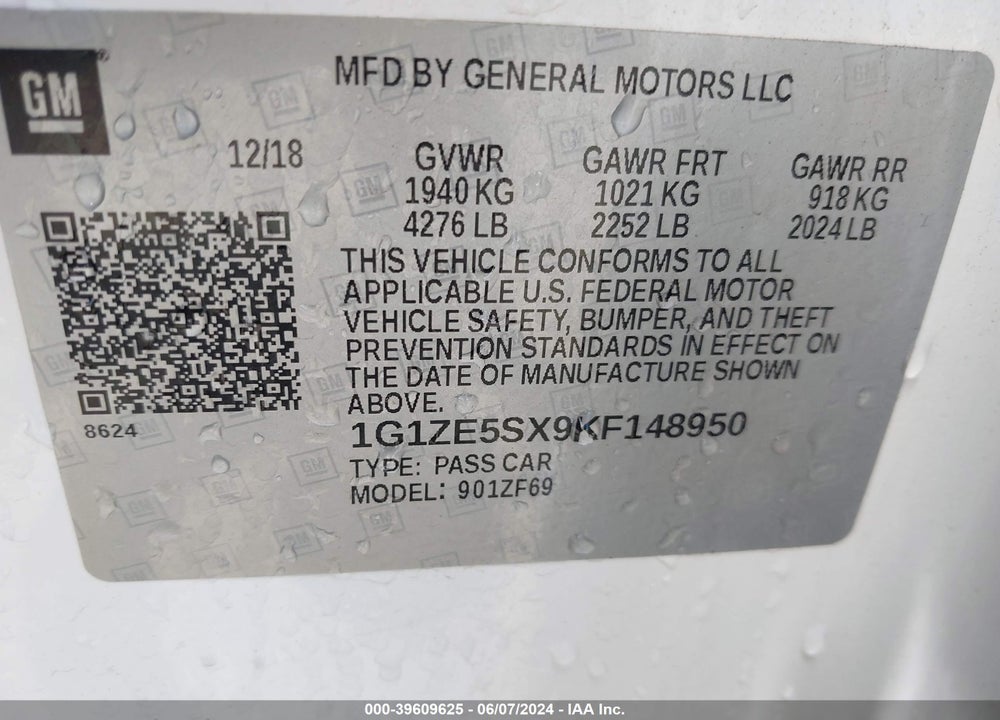 2019 CHEVROLET MALIBU PREMIER VIN: 1G1ZE5SX9KF148950