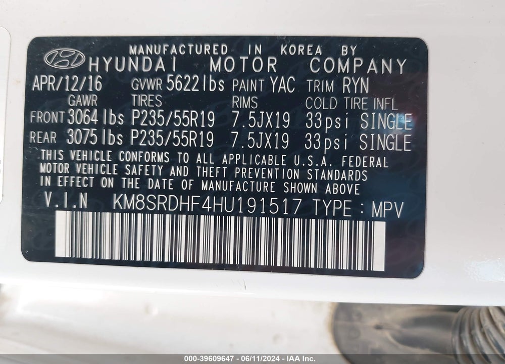 2017 HYUNDAI SANTA FE LIMITED ULTIMATE VIN: KM8SRDHF4HU191517