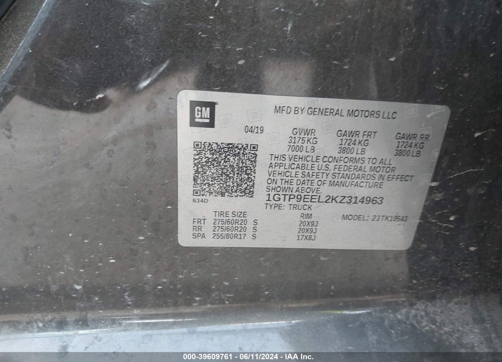 2019 GMC SIERRA 1500 AT4 VIN: 1GTP9EEL2KZ314963