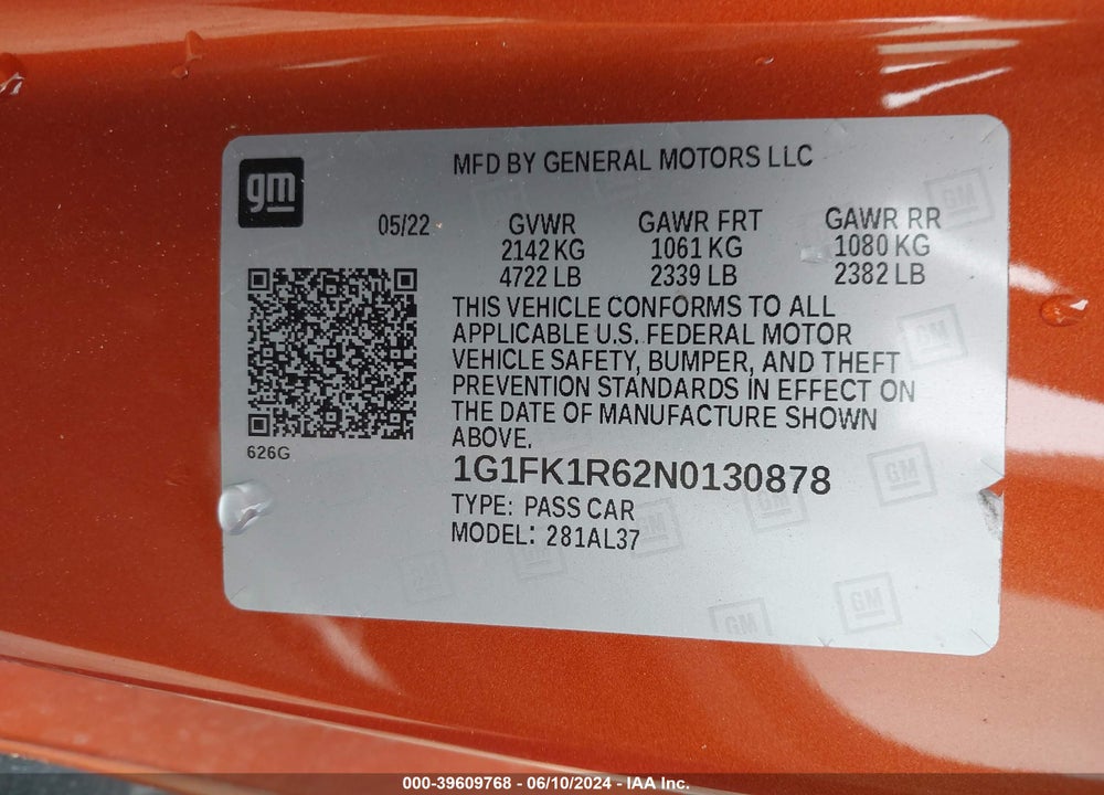 2022 CHEVROLET CAMARO RWD ZL1 VIN: 1G1FK1R62N0130878