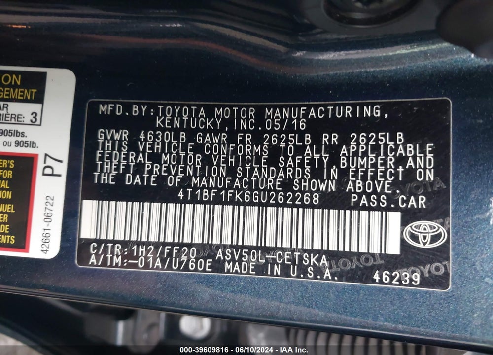 2016 TOYOTA CAMRY SE VIN: 4T1BF1FK6GU262268