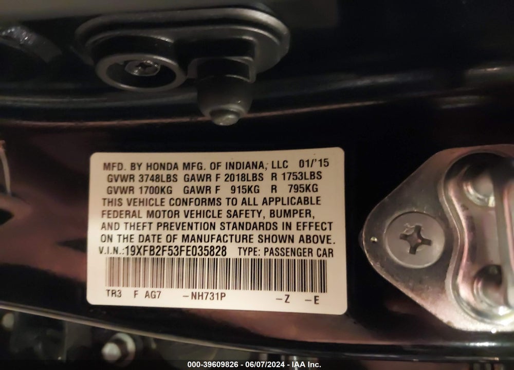 2015 HONDA CIVIC LX VIN: 19XFB2F53FE035828