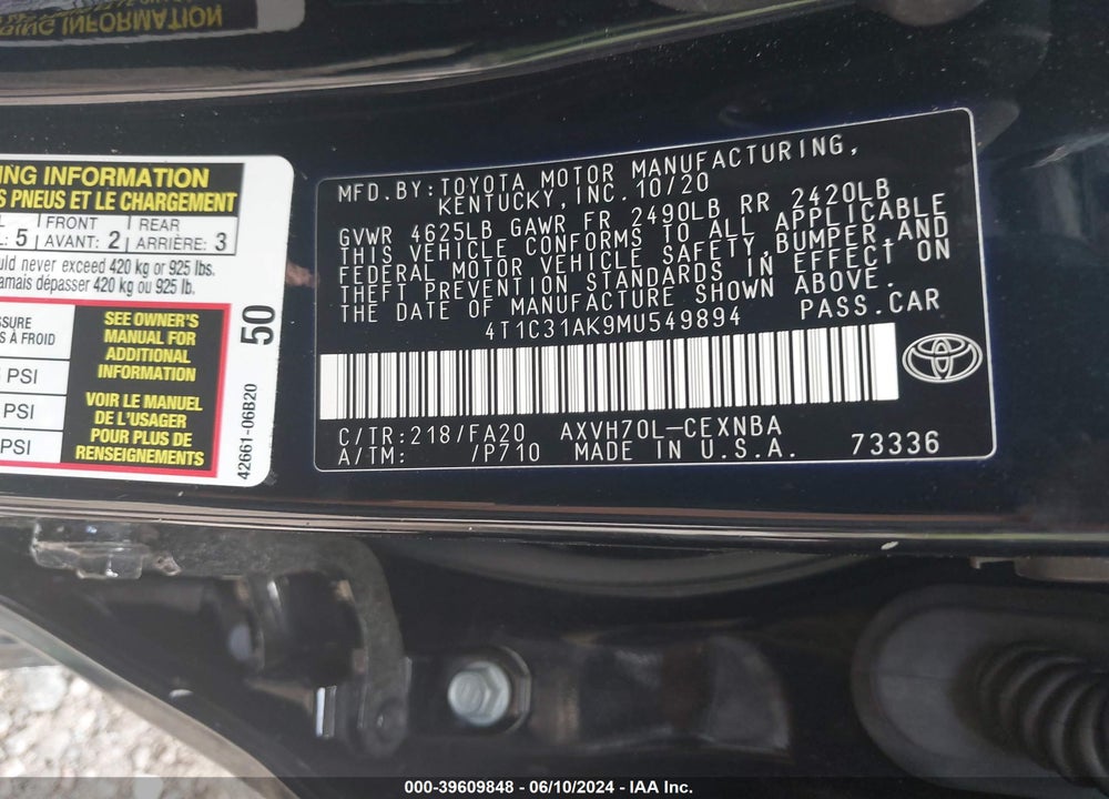 2021 TOYOTA CAMRY LE HYBRID VIN: 4T1C31AK9MU549894