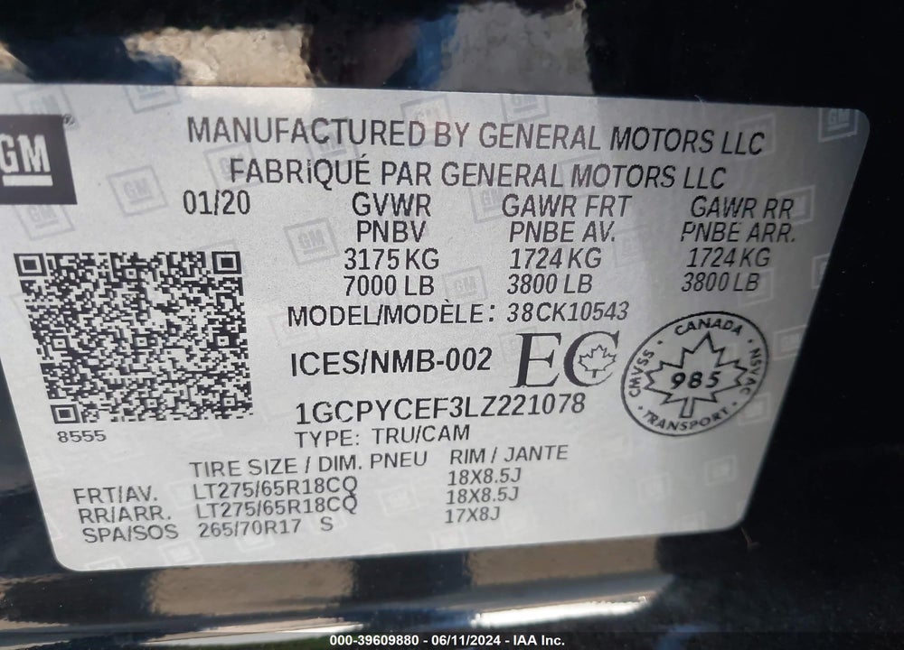 2020 CHEVROLET SILVERADO 1500 4WD  SHORT BED CUSTOM TRAIL BOSS/4WD  STANDARD BED CUSTOM TRAIL BOSS VIN: 1GCPYCEF3LZ221078