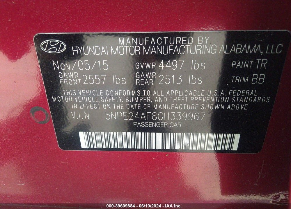 2016 HYUNDAI SONATA SE VIN: 5NPE24AF8GH339967