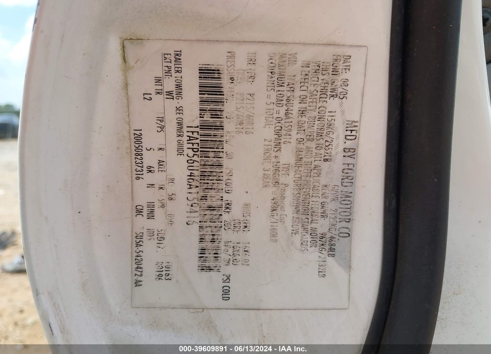 2006 FORD TAURUS SEL VIN: 1FAFP56U46A159416