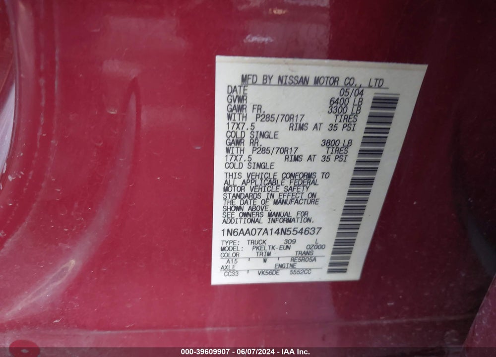 2004 NISSAN TITAN SE VIN: 1N6AA07A14N554637