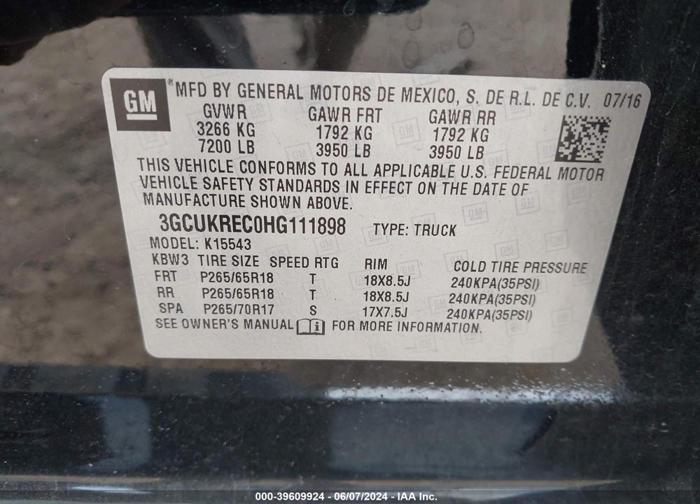 2017 CHEVROLET SILVERADO 1500 2LT VIN: 3GCUKREC0HG111898