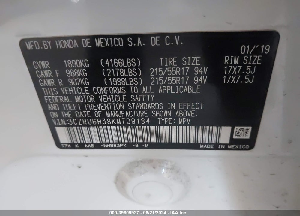2019 HONDA HR-V LX VIN: 3CZRU6H38KM709184