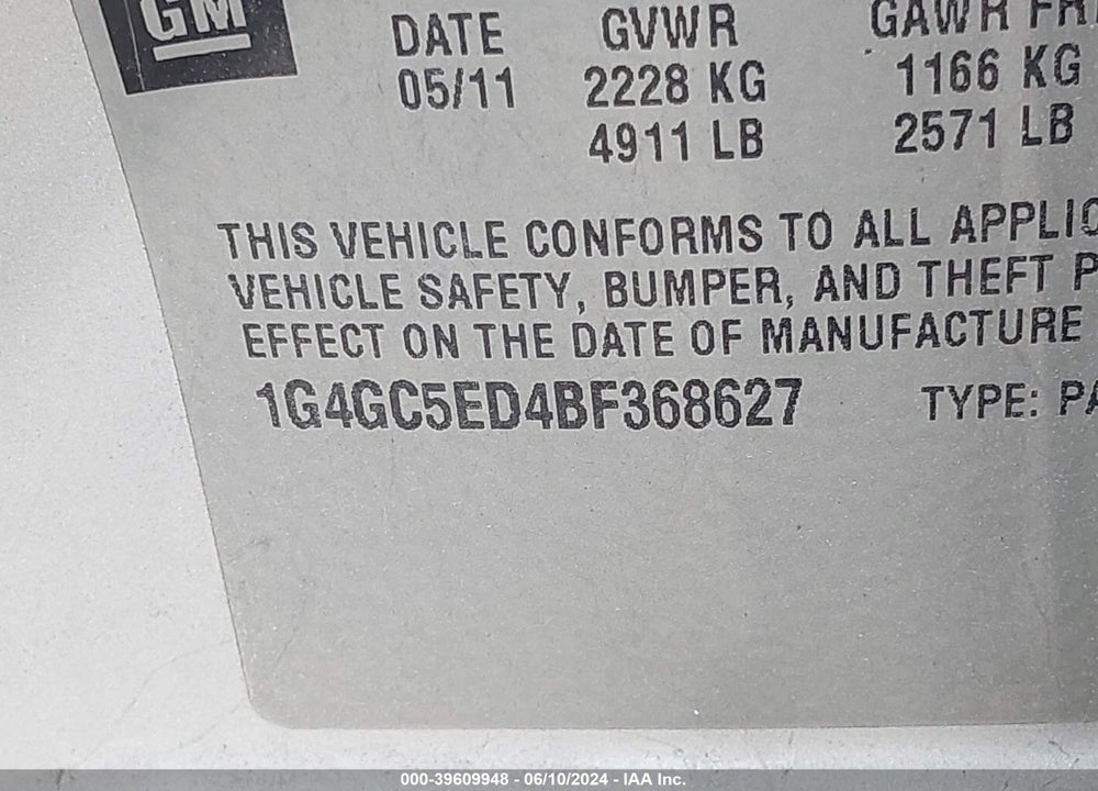 2011 BUICK LACROSSE CXL VIN: 1G4GC5ED4BF368627