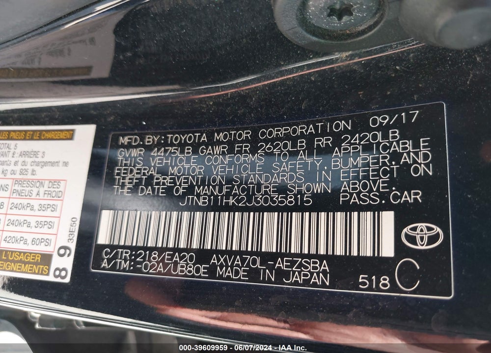 2018 TOYOTA CAMRY SE VIN: JTNB11HK2J3035815