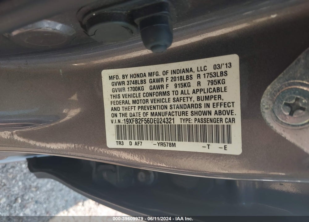 2013 HONDA CIVIC LX VIN: 19XFB2F56DE024321