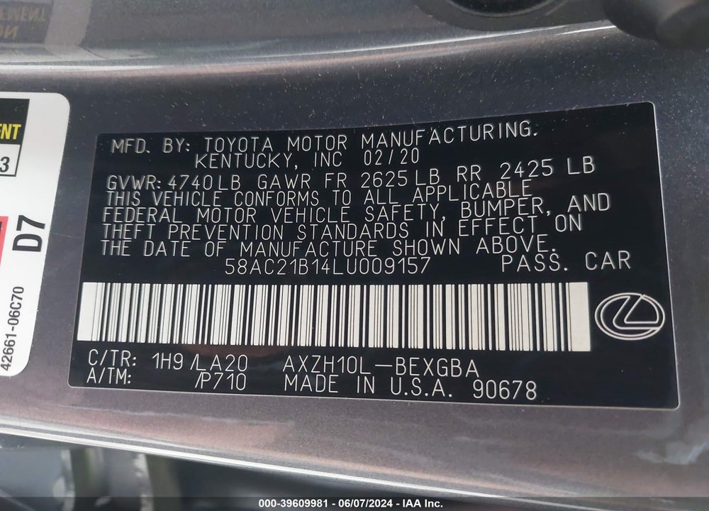 2020 LEXUS ES 300H VIN: 58AC21B14LU009157