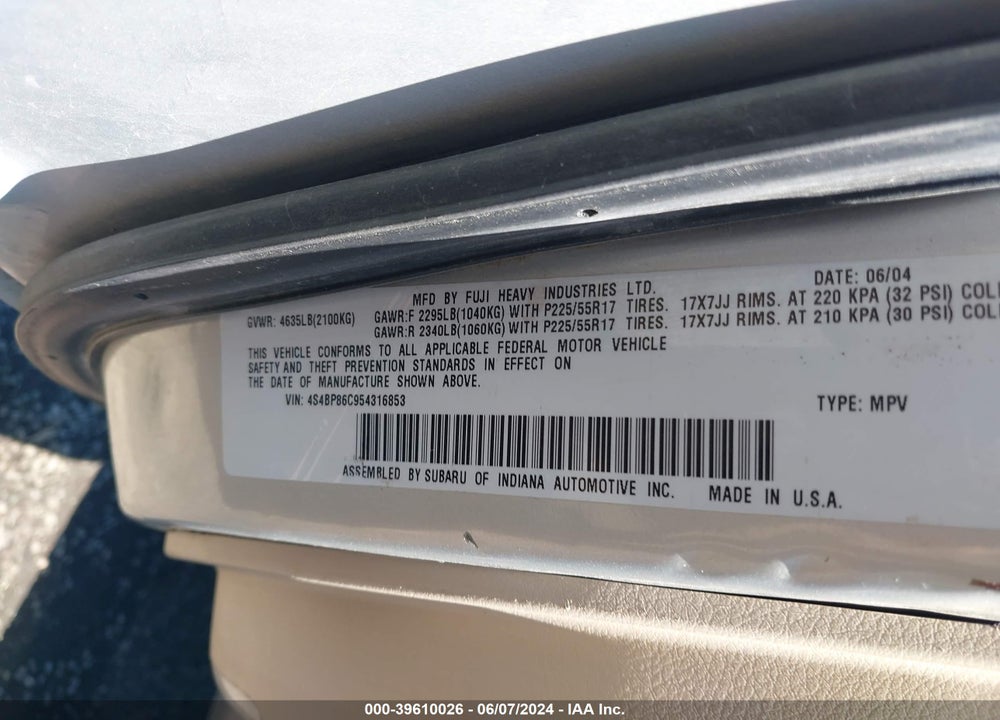 2005 SUBARU OUTBACK VIN: 4S4BP86C954316853