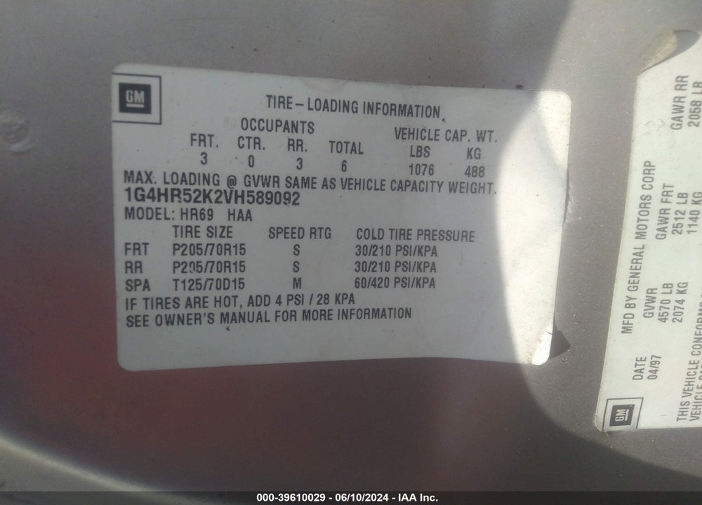 1997 BUICK LESABRE LIMITED VIN: 1G4HR52K2VH589092