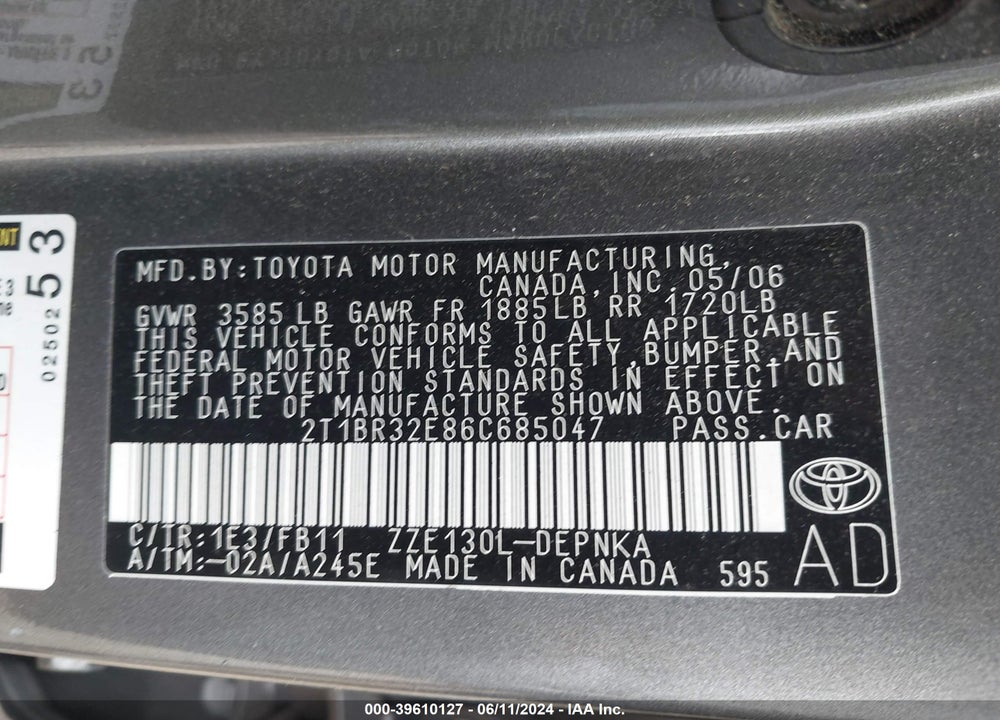 2006 TOYOTA COROLLA LE VIN: 2T1BR32E86C685047