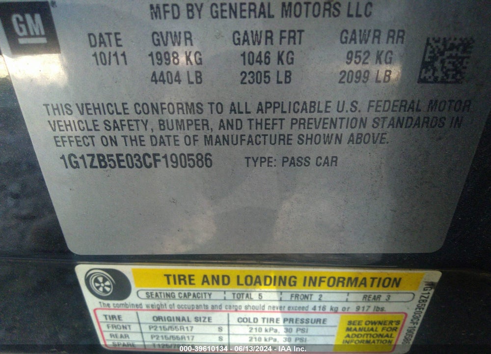 2012 CHEVROLET MALIBU VIN: 1G1ZB5E03CF190586