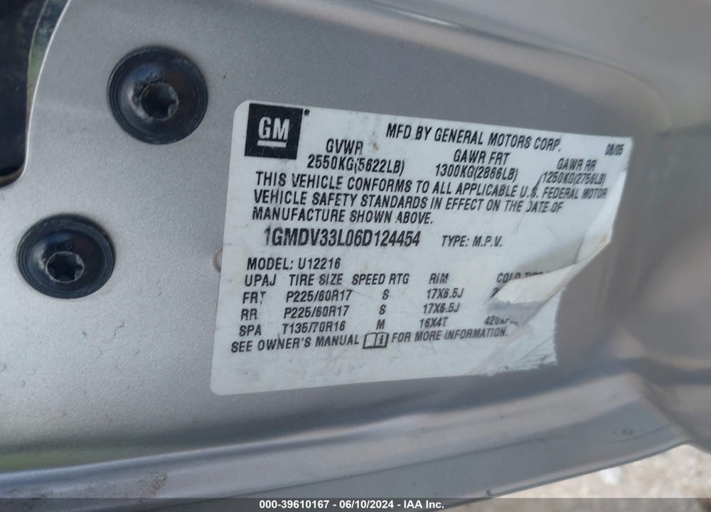2006 PONTIAC MONTANA SV6 VIN: 1GMDV33L06D124454