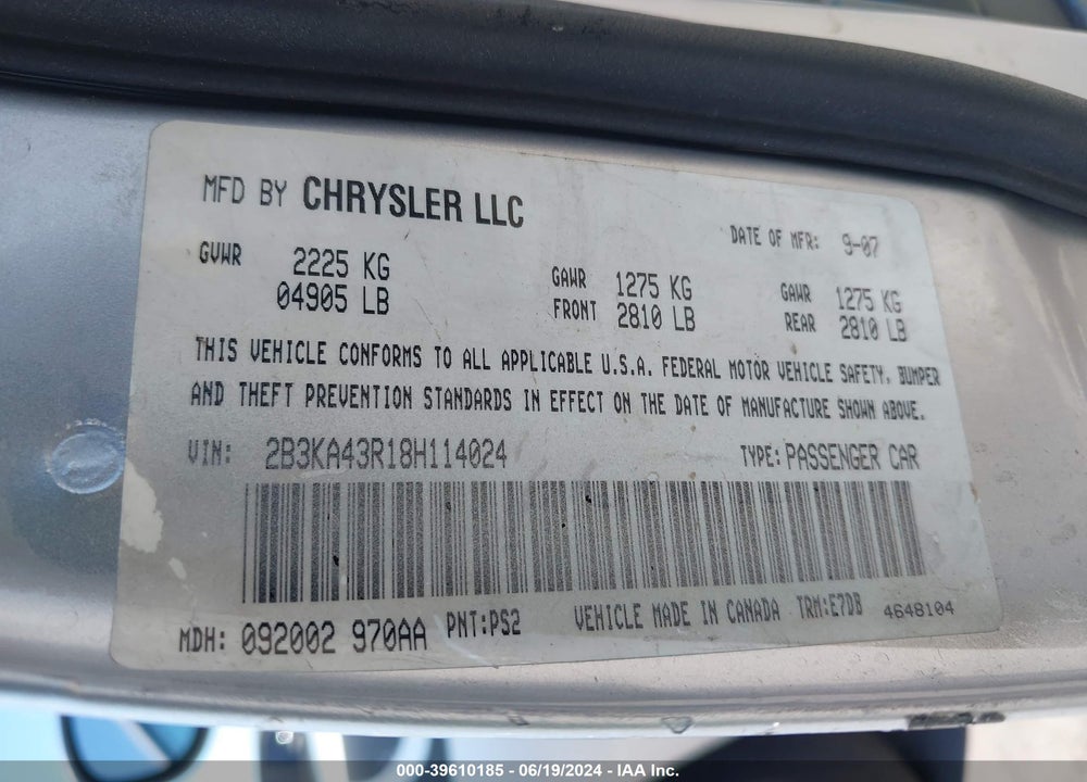 2008 DODGE CHARGER VIN: 2B3KA43R18H114024