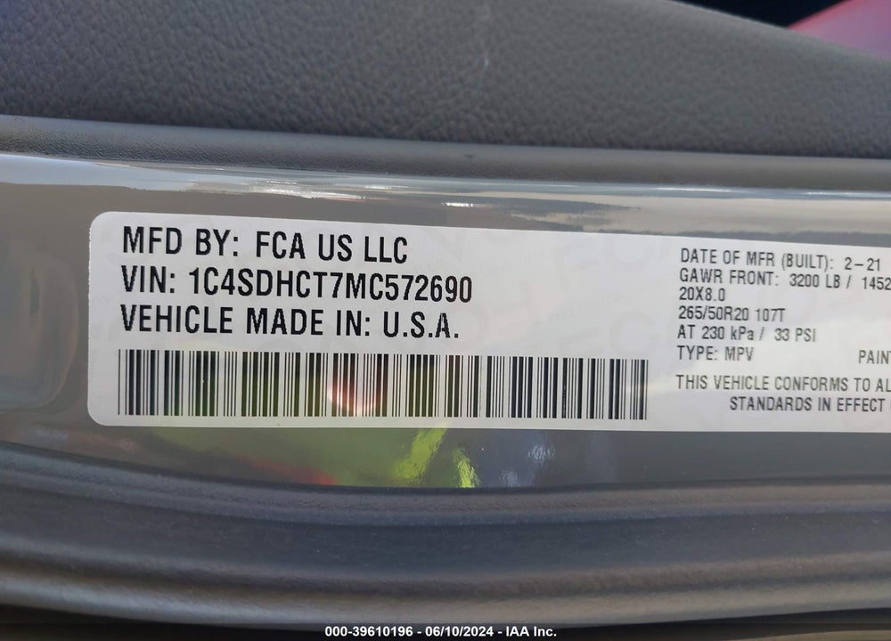 2021 DODGE DURANGO R/T RWD VIN: 1C4SDHCT7MC572690