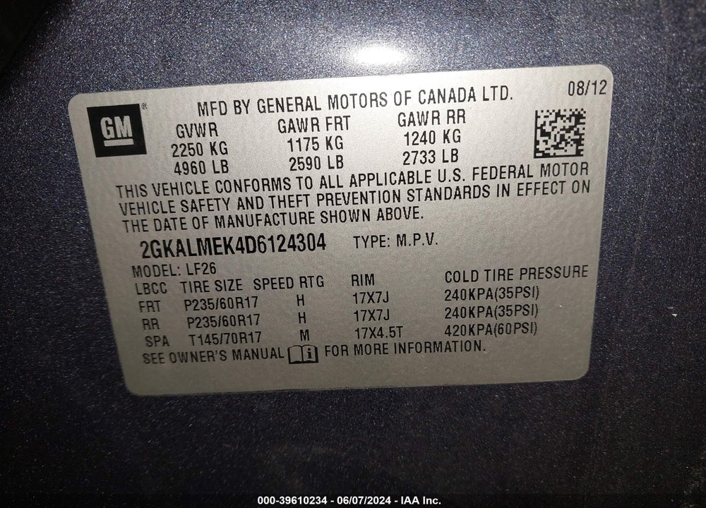 2013 GMC TERRAIN SLE-1 VIN: 2GKALMEK4D6124304