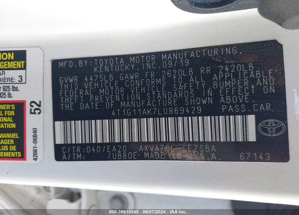 2020 TOYOTA CAMRY SE VIN: 4T1G11AK7LU869429