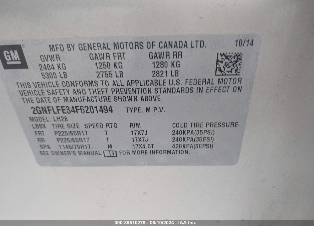 2015 CHEVROLET EQUINOX 1LT VIN: 2GNFLFE34F6201494