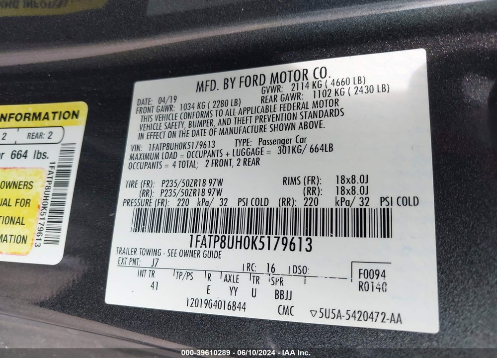 2019 FORD MUSTANG ECOBOOST PREMIUM VIN: 1FATP8UH0K5179613