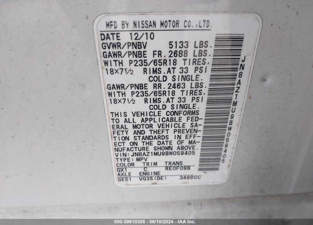 2011 NISSAN MURANO S VIN: JN8AZ1MU9BW059405