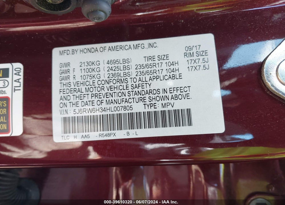 2017 HONDA CR-V LX VIN: 5J6RW6H34HL007805