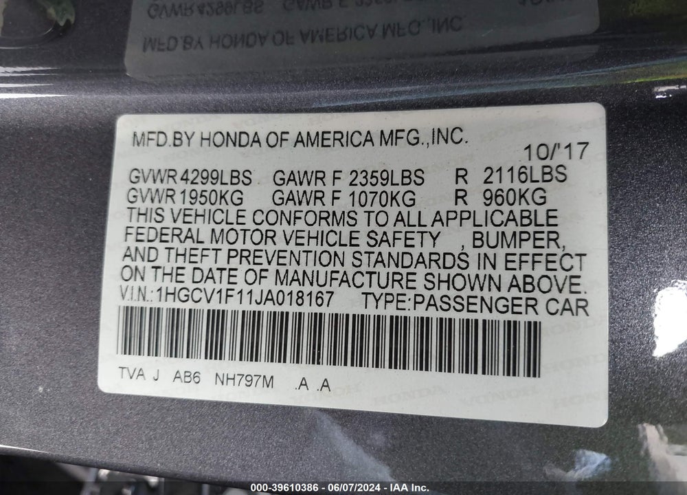 2018 HONDA ACCORD VIN: 1HGCV1F11JA018167