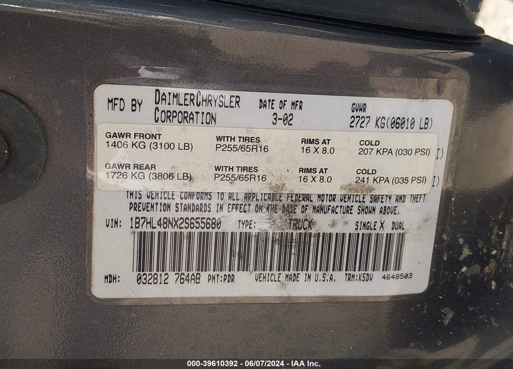 2002 DODGE DAKOTA SLT VIN: 1B7HL48NX2S655680