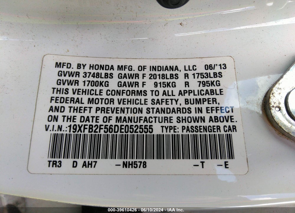 2013 HONDA CIVIC LX VIN: 19XFB2F56DE052555