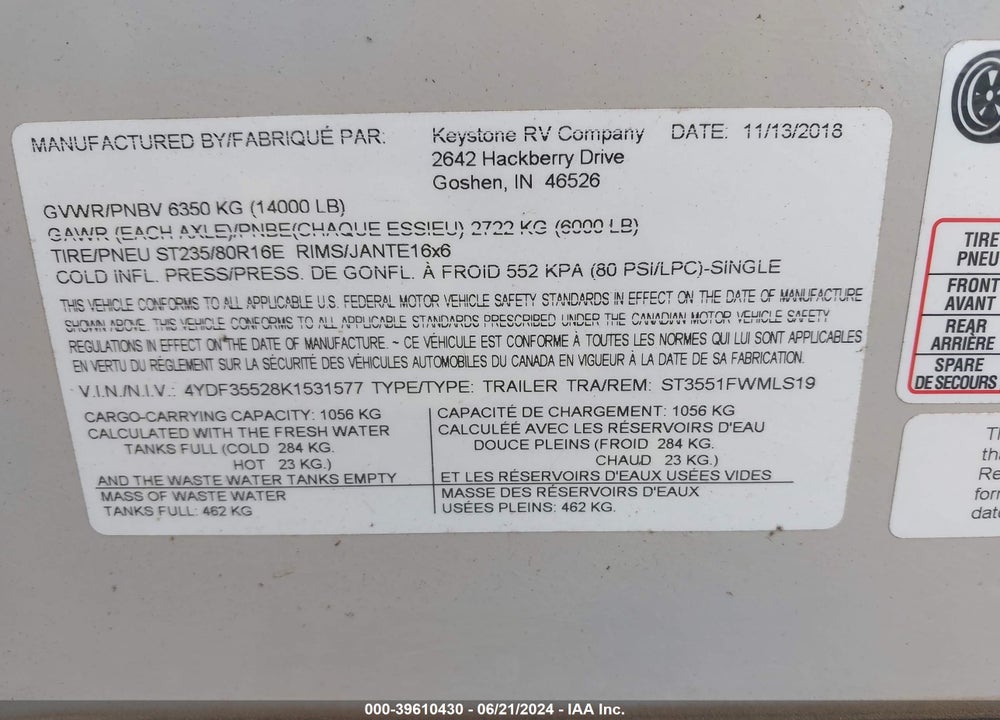 2019 KEYSTONE 3551FWMLS VIN: 4YDF35528K1531577