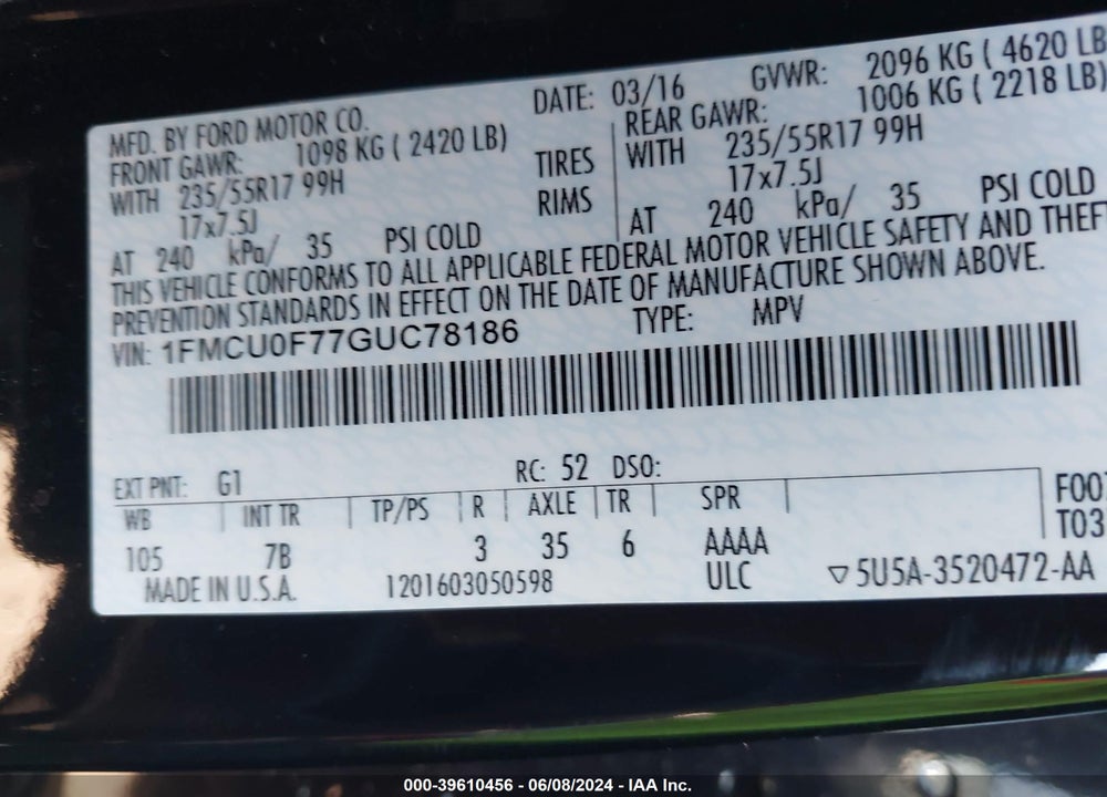 2016 FORD ESCAPE S VIN: 1FMCU0F77GUC78186