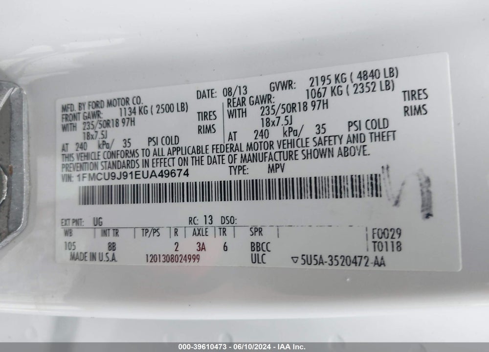 2014 FORD ESCAPE TITANIUM VIN: 1FMCU9J91EUA49674