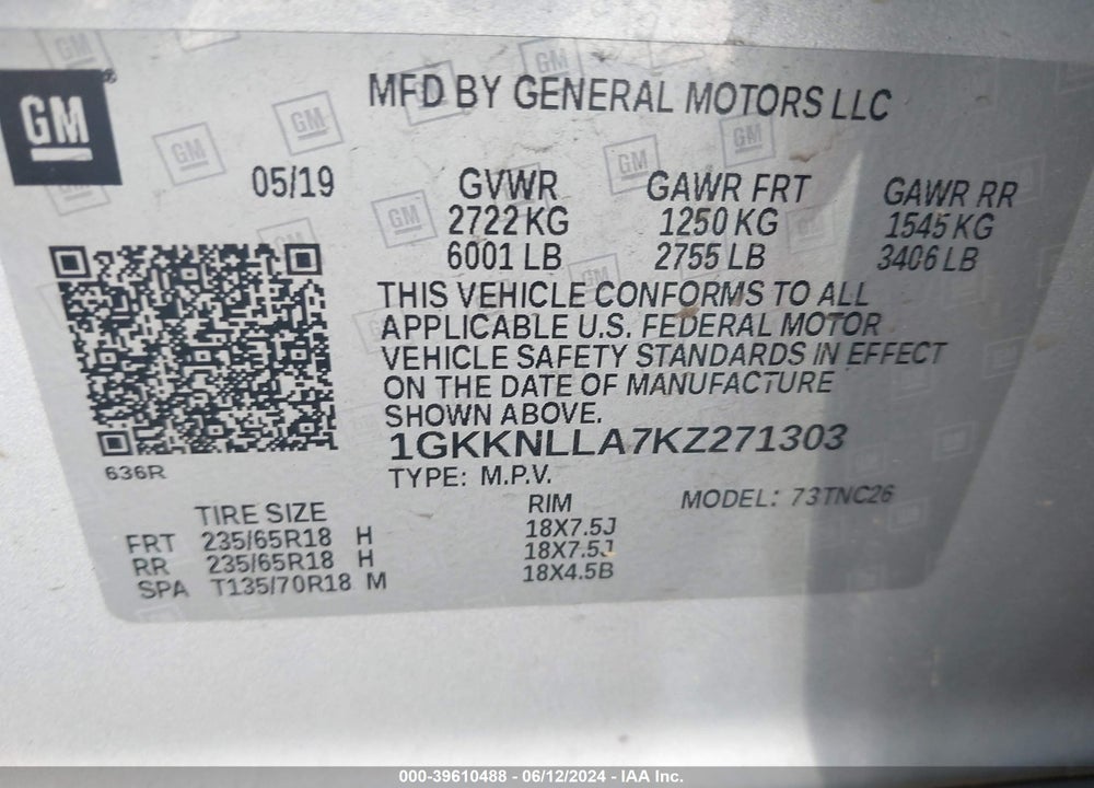 2019 GMC ACADIA SLE-2 VIN: 1GKKNLLA7KZ271303