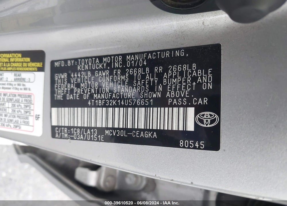 2004 TOYOTA CAMRY XLE V6 VIN: 4T1BF32K14U576651