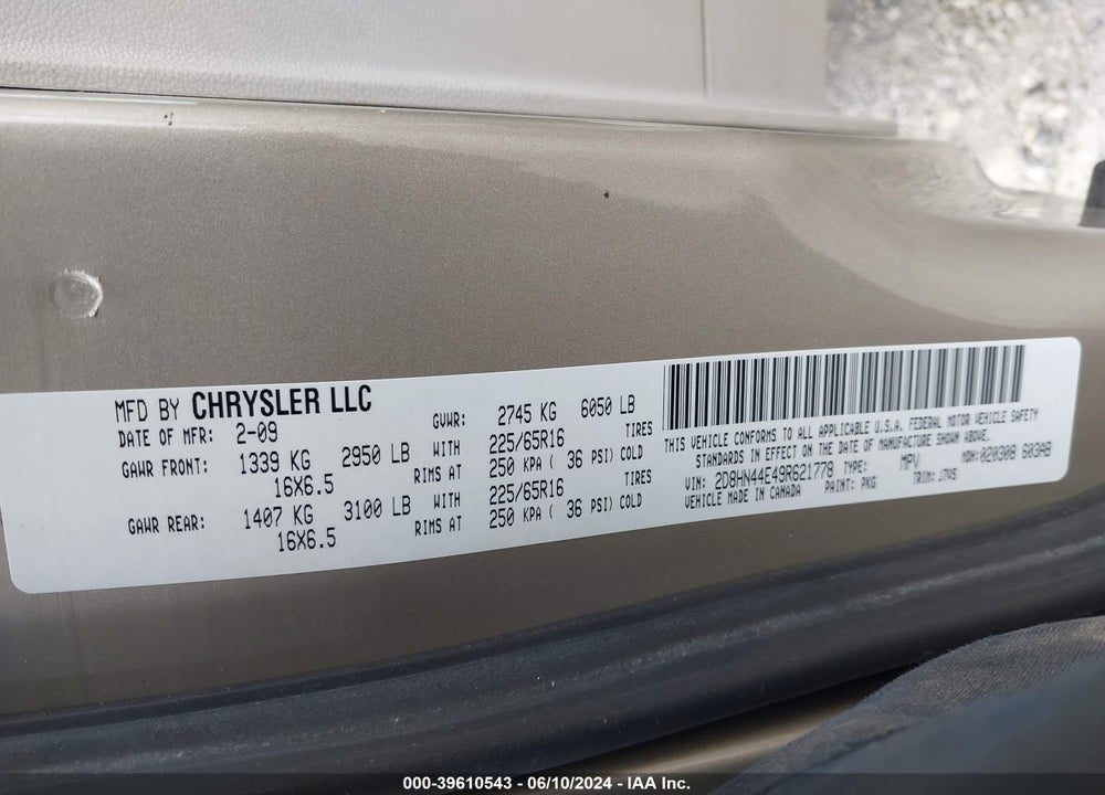 2009 DODGE GRAND CARAVAN SE VIN: 2D8HN44E49R621778