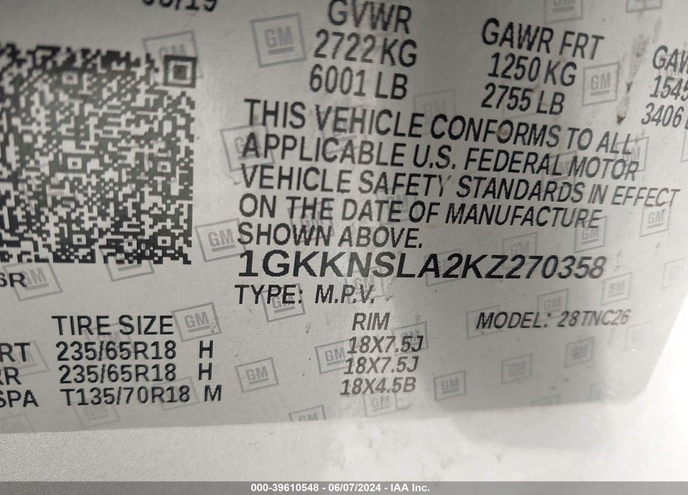 2019 GMC ACADIA SLE-2 VIN: 1GKKNSLA2KZ270358