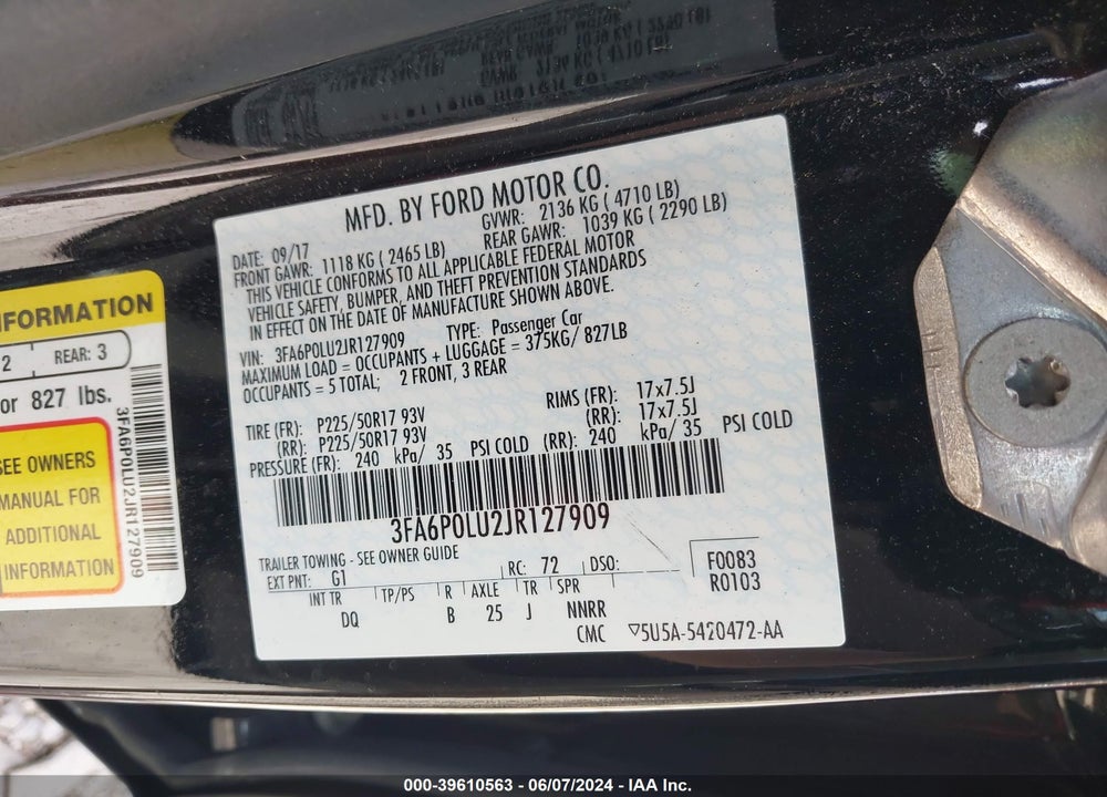 2018 FORD FUSION HYBRID SE VIN: 3FA6P0LU2JR127909
