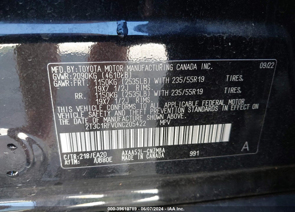 2022 TOYOTA RAV4 XLE PREMIUM VIN: 2T3C1RFV0NC205422