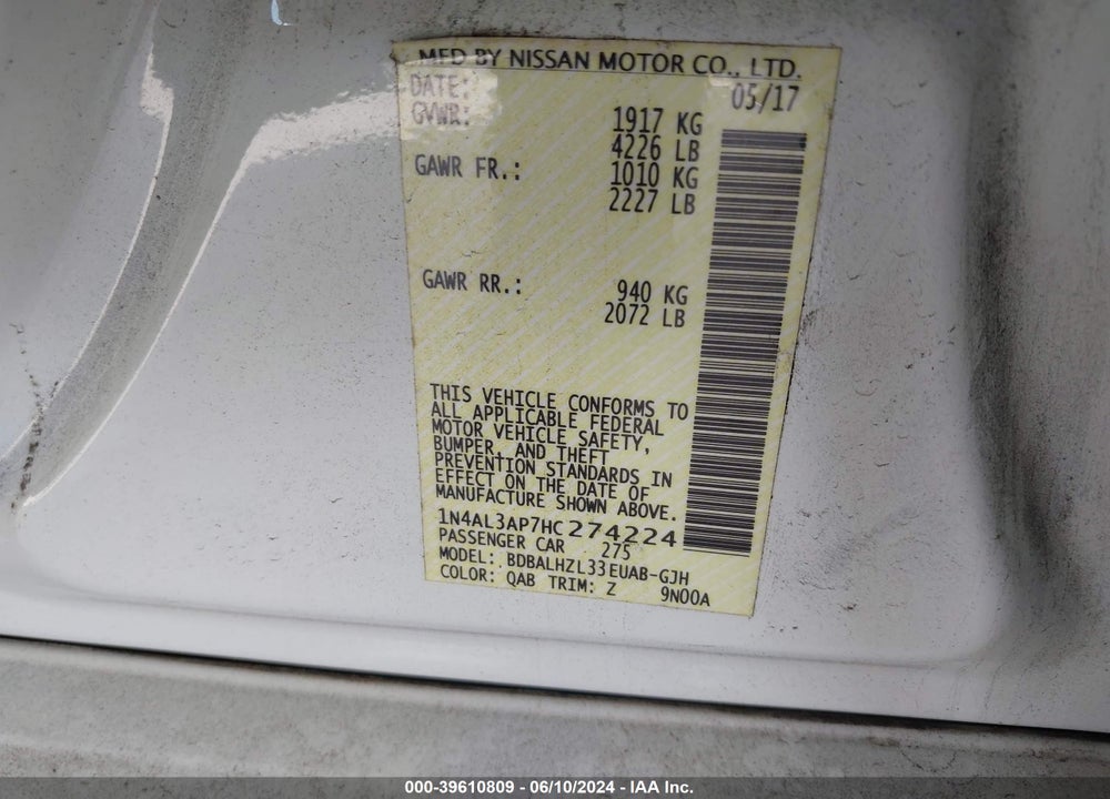 2017 NISSAN ALTIMA 2.5 SR VIN: 1N4AL3AP7HC274224