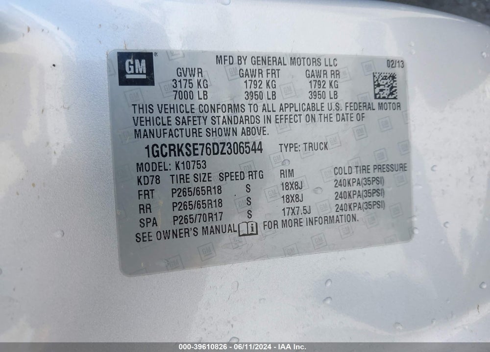 2013 CHEVROLET SILVERADO 1500 LT VIN: 1GCRKSE76DZ306544