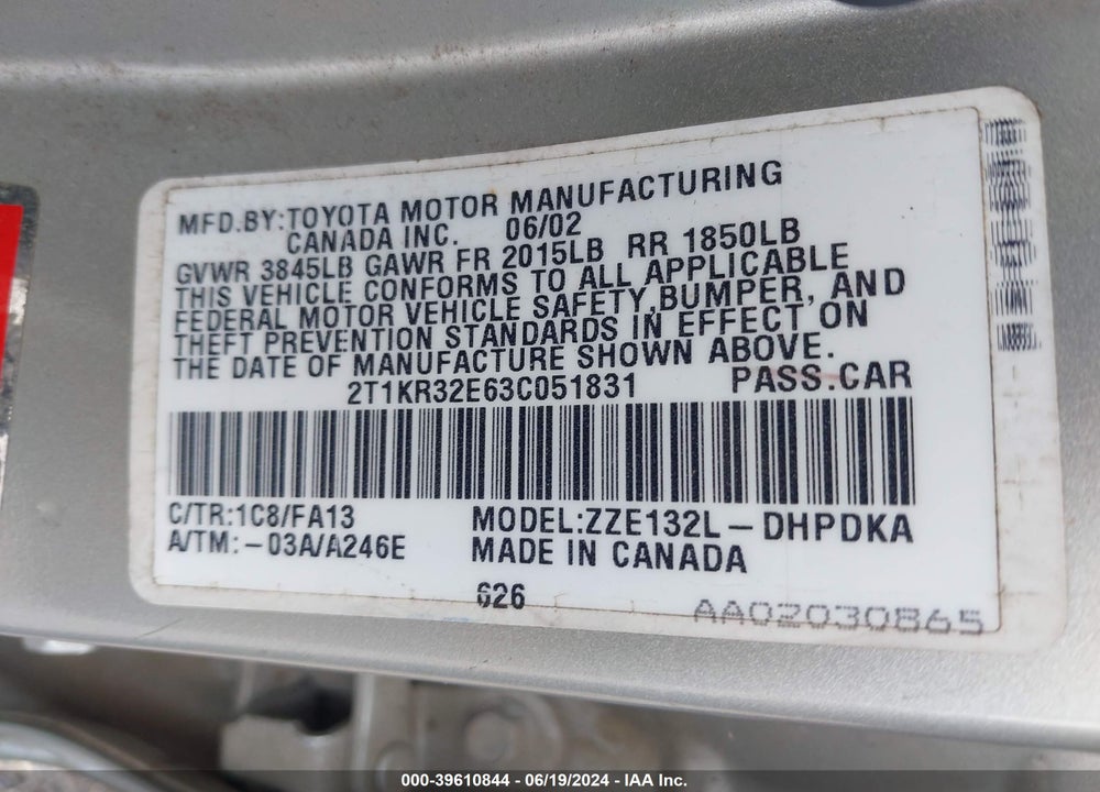 2003 TOYOTA MATRIX STANDARD VIN: 2T1KR32E63C051831