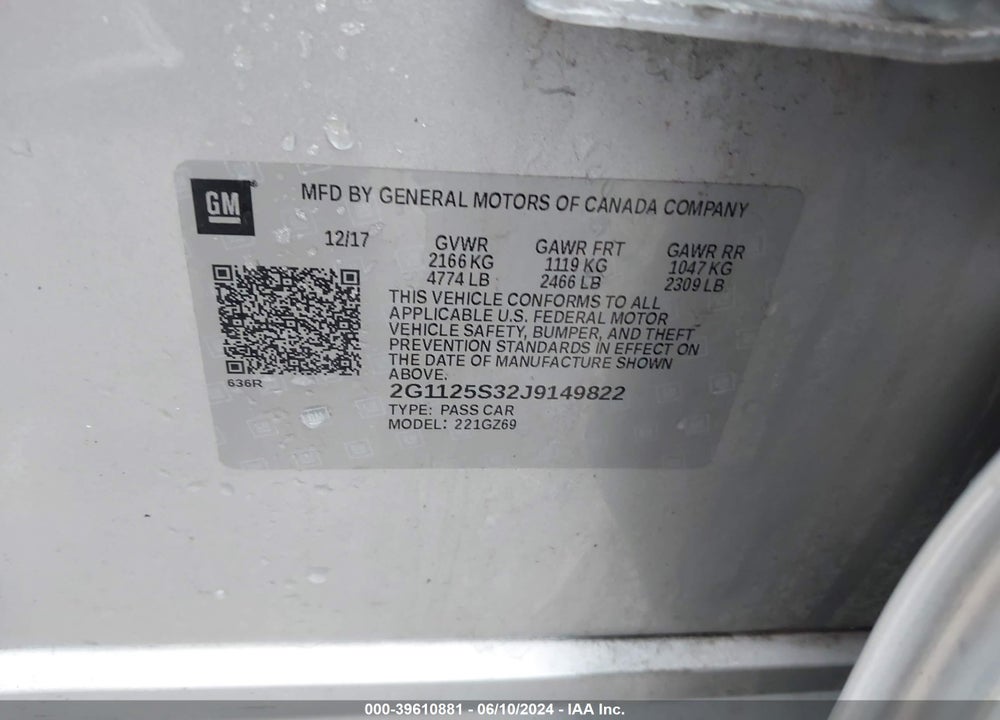 2018 CHEVROLET IMPALA 2LZ VIN: 2G1125S32J9149822