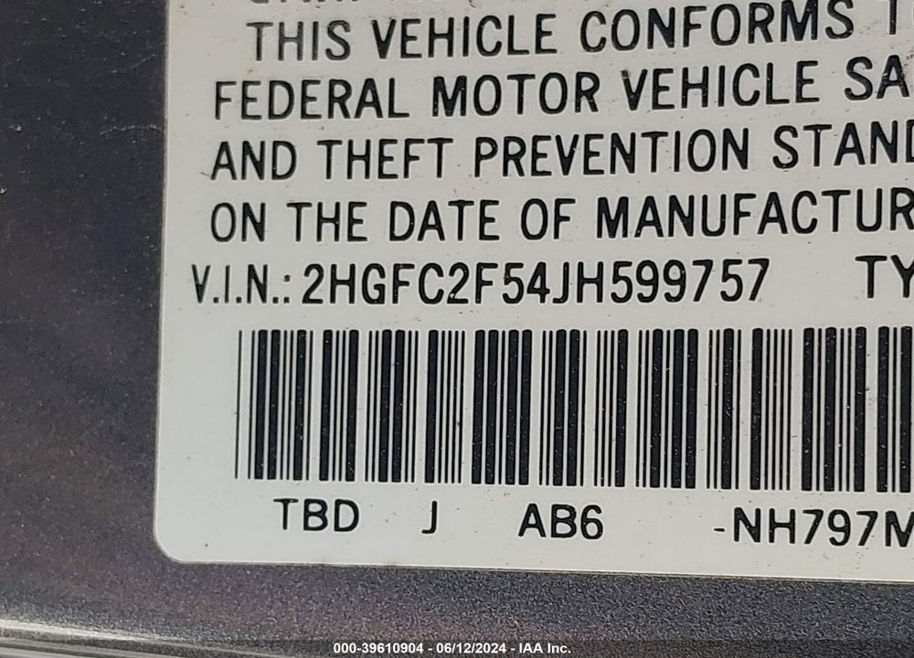 2018 HONDA CIVIC LX VIN: 2HGFC2F54JH599757