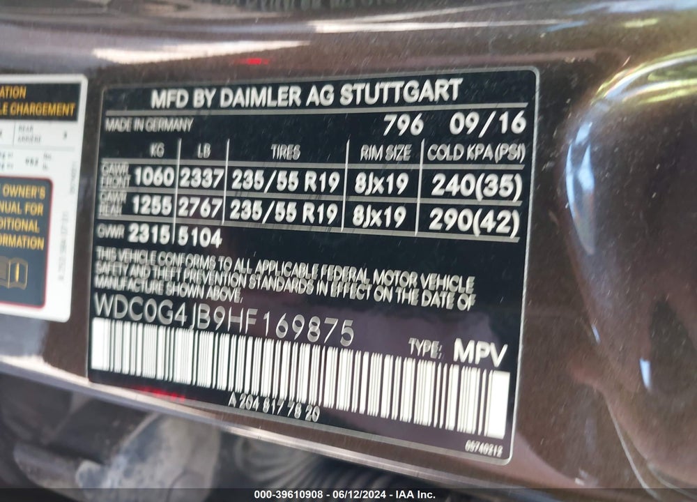 2017 MERCEDES-BENZ GLC 300 VIN: WDC0G4JB9HF169875
