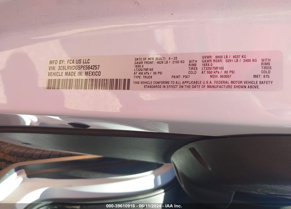 2023 RAM PROMASTER 2500 HIGH ROOF 159 WB VIN: 3C6LRVDG5PE564257